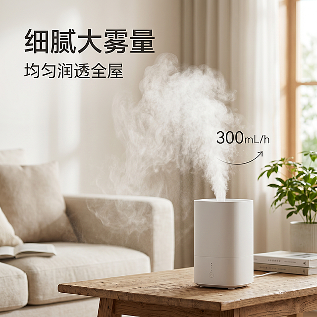 [主图-4]细腻大雾量卖点展示主图
[氛围风格] 自然清新高级空间氛围
[画质] 自然柔和水雾效果，空间实景真实自然，视觉舒适高级
[元素] 真实室内居家空间场景，加湿器出雾口散发出均匀四散扩散的柔和水雾，搭配标注"300mL/h"加湿量简约数据示意图，加湿器产品保持与首图一致外观，水雾自然扩散效果突出，画面整体干净，商品主体明确，满屏无边框
[光影] 室内自然柔和光线，水雾通透有层次感，不生硬不模糊
[配色] 空间浅暖素色调，干净高级
[视角构图] 平视室内空间，水雾扩散为视觉焦点，景深自然
[文字版式] 主文案"细腻大雾量"简洁大字体排版，副文案"均匀润透全屋"小一号字体放在主文案下方，整体简洁大气，数据文字简约标注在水雾区域旁，不遮挡主体产品
[比例分辨率] 1:1比例，2k分辨率，文字清晰可辨，超高清
[负向提示词] 变形，水印，文字错乱，产品模糊，背景杂乱，水雾效果夸张不真实