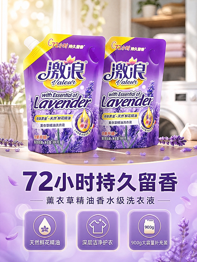 [商品] 使用【图1】激浪薰衣草精油洗衣液900g自立吸嘴袋装；保留紫色包装、激浪Valeur品牌Logo、Lavender英文、薰衣草图案、72小时持久留香字样、900g净含量文字、吸嘴盖结构和袋身比例；商品处理：去除袋身褶皱与压痕，让包装饱满挺括，增强袋面光泽与印刷清晰度，不改变包装颜色和文字内容。
[画面] 目标：头图海报，突出产品全貌与核心卖点。构图：上下分栏，上半部分产品居中展示，下半部分信息区；产品占画面55%，两袋洗衣液高低错落摆放，正面朝向观众略侧15度；景别：中景；阅读动线：从上到下；前中后景：前景薰衣草花瓣散落，中景产品主体，后景虚化的温馨洗衣房与柔和光斑；场景：明亮洁净的家居阳台，自然光从左侧洒入。
[视觉] 套系策略：风格=温馨洁净家居商业摄影风；标题字=粗黑体圆润字形；正文字=简洁无衬线黑体；主色=薰衣草紫；背景延展=基于薰衣草紫做深浅渐变、同色系层次和柔雾质感，搭配米白与浅金点缀；强调色=浅金色，仅用于小面积图标、引线、标签和高光点缀；标题色=深紫色；正文色=深灰紫；组件=圆角信息卡、细线引线、花瓣装饰元素；光影=左前侧暖柔光，柔和漫射，产品边缘有轮廓光。
[文字] 主标题：72小时持久留香；副标题：薰衣草精油香水级洗衣液；3个卖点：①天然鲜花精油 ②深层洁净护衣 ③900g大容量补充装；文字区位于画面下半部，居中排版，信息卡半透明紫底白字，不遮挡产品主体与品牌Logo。
[规格] 图片比例3:4竖版，4K分辨率，避免变形、错字、文字过小、冷蓝灰背景、包装颜色改变、文字错乱、极限词。