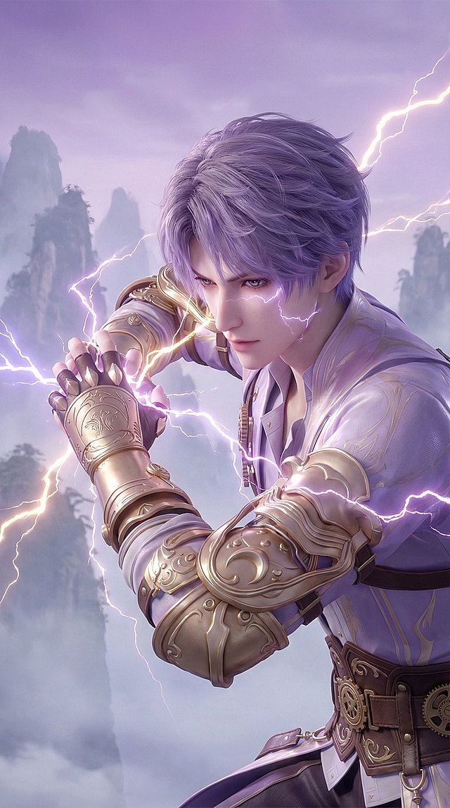 俯视略侧的中景镜头，镜头从人物的侧前方拍摄，图中紫发金饰的角色呈现出侧身的战斗瞬间，双手汇聚雷电施法，目光锐利地直视前方，背景是修仙风格的浅紫渐变山峰