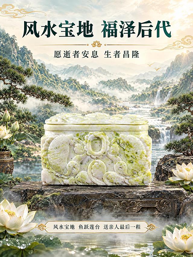 [商品] 使用【图1】风水宝地黄岫玉骨灰盒正面；保留整体结构、黄岫玉材质带翠绿纹理、正面鲤鱼莲花满雕、顶盖立体雕刻；商品处理：增强玉石温润通透质感，浮雕立体生动，产品庄重祥瑞，不改变原貌。
[画面] 目标：安放场景页，传递风水宝地、福泽后代的庄重祈福氛围与情感价值。构图：产品置于画面中央偏下，占画面40%，安放在古朴的山石供台/祠堂石座上；背景为虚化的山水吉地场景，背靠青山、前有流水、左右松柏环绕，有柔和的天光与祥云，供台两侧摆放莲花与松柏枝，营造藏风聚气、风水宝地的祥瑞氛围；前景有轻微水雾与莲花点缀，增加意境。
[视觉] 套系策略：风格=中式山水风水风商业摄影；标题字=宋体粗体（端庄大气）；正文字=简洁宋体；主色=岫玉翠绿+青白底色；背景延展=基于青绿山水+米白+暖金做深浅层级、同色渐变和玉石/山水/宣纸质感；强调色=暖金色，仅用于小面积图标、引线、标题点缀；标题色=深青绿；正文色=墨绿灰；组件=圆角米白底信息卡、细金线引线、鲤鱼莲花祥云装饰元素；光影=柔和天光主光源+背景山水氛围光，产品受光均匀庄重，突出黄岫玉温润通透的玉石质感与浮雕立体感，底部有自然接触阴影，整体静谧祥和。
[文字] 上方主标题"风水宝地 福泽后代"，副标题"愿逝者安息 生者昌隆"，下方一行小字"风水宝地 鱼跃莲台 送亲人最后一程"，文字居中排列，字体端庄，不遮挡产品主体。
[规格] 图片比例3:4竖版，分辨率2K，避免变形、错字、文字过小、冷蓝/冷灰背景、产品颜色改变、恐怖/低俗元素、过度悲伤氛围。