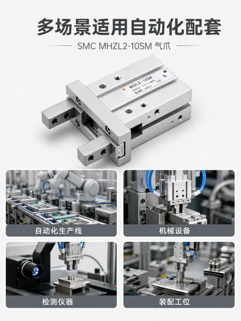 [主图4] SMC MHZL2-10SM气爪适用场景，下四宫格展示自动化生产线/机械设备/检测仪器/装配工位四个场景，每个场景配标签，顶部标题多场景适用自动化配套，浅灰背景，尺寸2448×3264，4预览效果