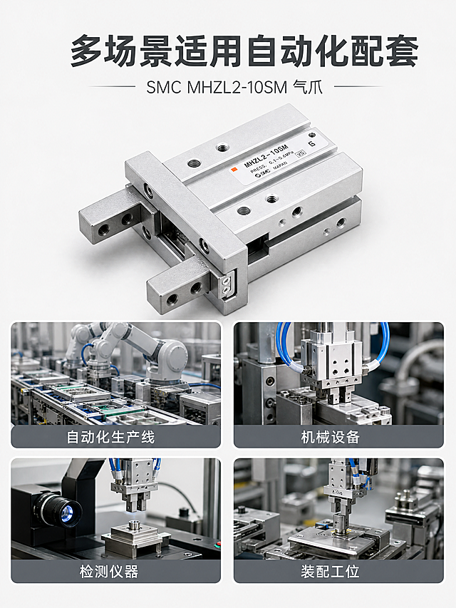 [主图4] SMC MHZL2-10SM气爪适用场景，下四宫格展示自动化生产线/机械设备/检测仪器/装配工位四个场景，每个场景配标签，顶部标题多场景适用自动化配套，浅灰背景，尺寸2448×3264，4K，文件大小控制在5M以内。