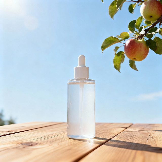 一张清新风格的产品宣传图，原木色桌面，整体背景为纯净的浅蓝色天空，右侧苹果树枝，光线明柔和，营造出清爽健康的氛围，画面细节丰富，质感真实