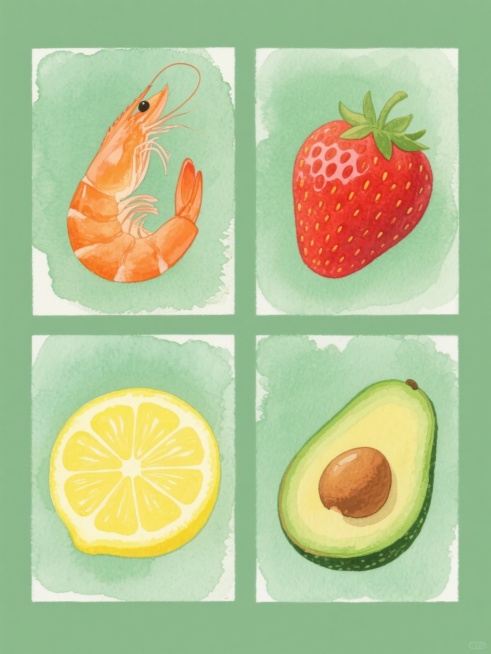 一组四张规整排布的水彩风格食物插画，每张均为纯色背景，保持一致的半透明水彩晕染质感、细腻的手绘笔触和明亮的光影表现，第一张是橙色对虾，第二张是红色草莓，第三张是黄色柠檬，第四张是绿色牛油果，所有元素造型简洁生动，色彩饱和明快，整体呈现清新自然的设计感，画面干净无文字和装饰。预览效果
