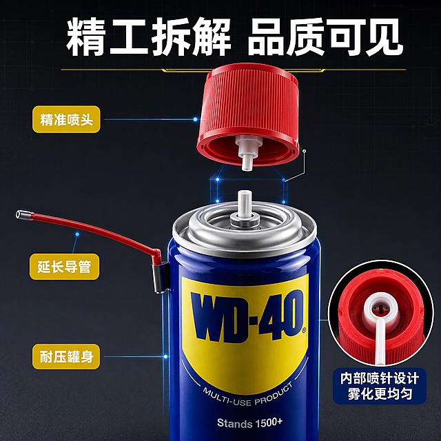 [主图-3] WD-40喷头导管罐身三合一细节拆解展示图。
[氛围风格] 悬浮拆解高级感 金属质感拉满 科技工业风 专业精修 商业摄影级。
[画质] 超高清商业摄影质感 细节纤毫毕现 金属反光精致 画面干净高级 悬浮立体感强。
[元素] WD-40罐身主体居中偏下 占画面约45% 正面微侧角度 深蓝罐身黄色Logo完整清晰。喷头组件从罐身向上悬浮分离 红色喷头悬浮在罐口正上方约5cm处 底部可见白色喷针内芯结构。红色延长导管从罐身左侧向外水平抽出悬浮 导管金属端头清晰可见 导管呈自然弯曲弧度。三个悬浮部件之间有微弱的蓝色发光连接线 暗示结构关系。背景为深灰黑色渐变 带有极细微的科技网格纹理 简洁不抢主体。画面左侧竖排三个功能标签 右侧底部有一个圆形放大画中画 展示喷头内部喷针微孔结构。保持WD-40产品外观 物理结构 材质质感 颜色与输入产品图绝对一致 杜绝任何变形和色差。
[光影] 顶部主柔光箱均匀照明 各部件顶部有柔和高光 侧后方冷色轮廓光勾勒每个部件边缘 形成清晰的悬浮分离感 罐身有渐变高光带表现圆柱弧度 每个部件下方有微弱的环境投影增加悬浮真实感 整体光线精致细腻 金属质感高级 光比适中。
[配色] 主色深蓝罐身 辅助色红色喷头导管+黄色Logo+白色结构件 背景深灰黑 点缀冷蓝色连接线 科技高级感。
[视角构图] 微仰视角度 主体居中 三个部件上下左右悬浮分离 景深中等 背景虚化 突出悬浮拆解的立体感和结构层次 产品各部件完整不裁切。
[文字版式] 顶部居中主标题「精工拆解 品质可见」 白色粗体大号字 下方黄色细装饰线。左侧竖排三个黄色圆角标签 白字 分别对应三个部件 喷头旁「精准喷头」 导管旁「延长导管」 罐身旁「耐压罐身」。右下角圆形放大镜画中画 下方深蓝底白字标注「内部喷针设计 雾化更均匀」。画中画左侧有引线指向悬浮的喷头底部。文字全部避开产品主体关键部位 放在负空间。
[输出要求] 1:1比例 文字清晰锐利 超高清商业摄影质感。
[负向提示词] 变形 文字错乱 产品模糊 背景杂乱 水印 电商平台Logo 材质失真 结构错误。