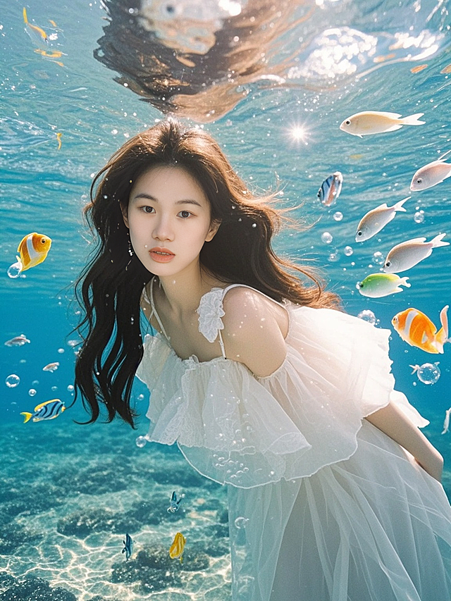 水下梦幻场景，清新唯美的动漫风少女，虚拟现实与水彩风结合，营造浪漫氛围。