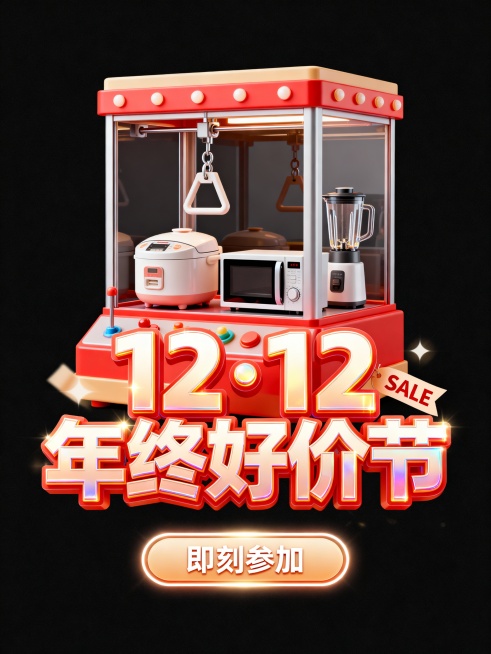 微缩夹娃娃机里放着电饭煲、微波炉、榨汁机，前景标题“12·12 年终好价节”，小字“SALE”装饰，底部按钮“即刻参加”。预览效果
