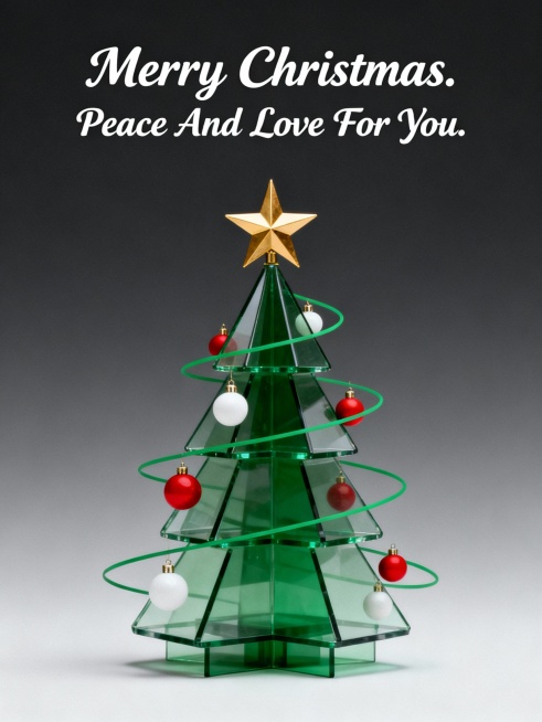 画面主体是极简艺术圣诞主题创意海报。画面元素充满现代设计感与精致感，背景为深灰色渐变；中央是由绿色透明层叠结构组成的圣诞树，树顶是金色星形装饰，树身点缀红、白圆形挂饰，还有绿色线条环绕；顶部有白色手写预览效果