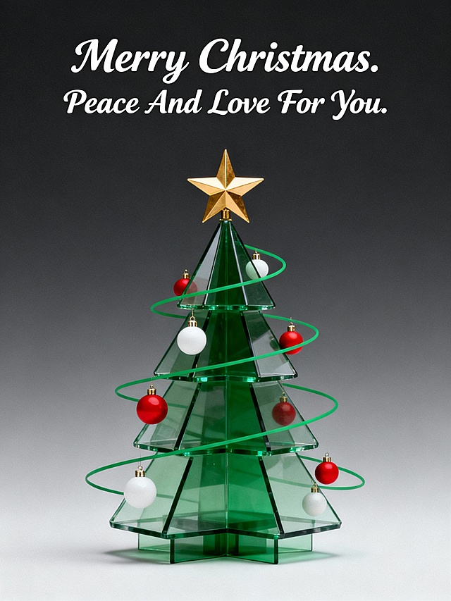 玻璃质感的几何圣诞树，3D立体设计，清透现代，搭配红白球饰与金色星顶，营造喜庆温馨氛围，节日感十足。