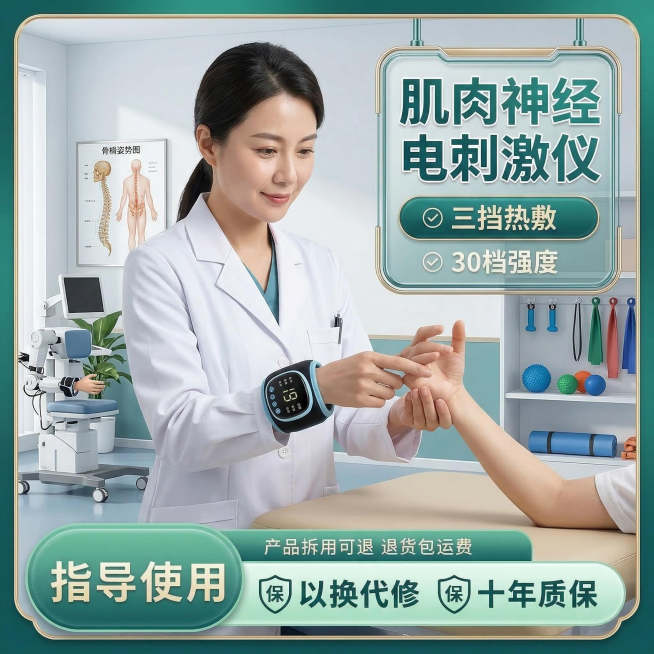 全新重新生成第二张：保持肌肉神经电刺激仪产品外观100%不变，更换另一个从未使用过的全新亚洲模特，改变为不同的肢体康复佩戴动作，更换完全不同的康复治疗室场景，保留全部原卖点文字内容，使用和之前所有生成预览效果