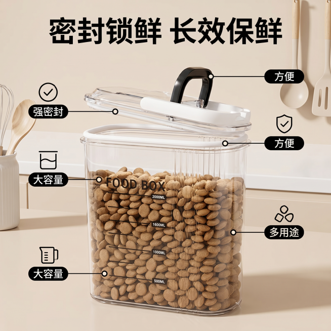 [主图 2] 密封收纳罐核心卖点细节展示图
[氛围风格] 清晰产品展示，专业可信
[画质] 商业摄影质感、光线柔和通透、产品清晰真实、画面干净高级
[元素] 保持密封食品收纳罐外观与输入产品图绝对一致预览效果