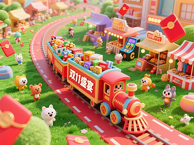软3D风微缩艺术场景，拟人化萌宠环绕双11主题小火车，满载礼盒穿梭市集，红金配色传递喜庆与趣味感，卡通化设计营造童趣购物盛宴。