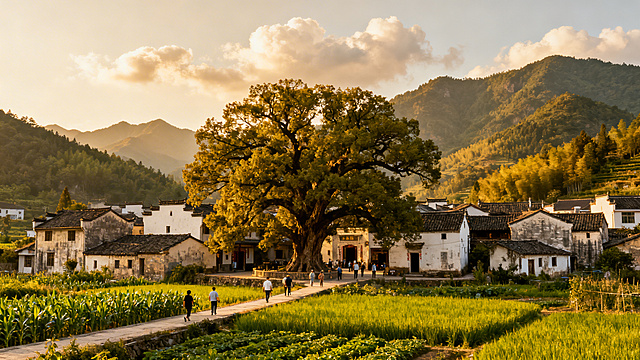 义乌上溪镇里美山村今日的和平景象，青山环抱的乡村风景，宁静美丽的山村风光，自然风光写实风格