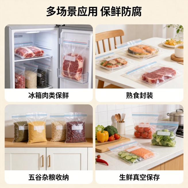 [主图-4] 透明食品真空袋多场景应用展示图。
[氛围风格] 生活化，实用自然，突出多场景适配性。
[画质] 商业摄影质感、光线柔和通透、产品清晰真实、画面干净高级。
[元素] 四宫格展示四个常见使用预览效果