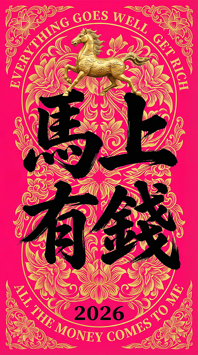 马年新春海报，喜庆红底配鎏金浮雕纹样，国潮风十足。大字“马上有钱”笔力遒劲，金色骏马踏字而立，寓意吉祥富贵，尽显中式年味与财运亨通之兆。