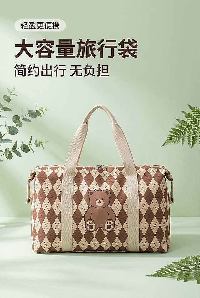 基于「图片1」，生成一套主图（3张），商品为「图片1」单人沙发，商品核心卖点是大容量旅行袋，简约出行 无负担 轻盈更便携，氛围/风格是舒适简约 绿色清晰，适配拼多多平台，主图比例为2:3