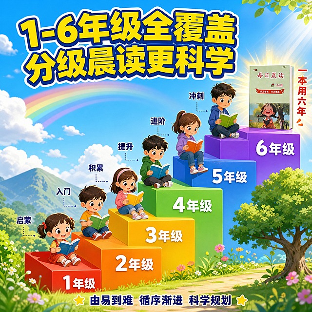 [主图-4] 适用人群与年级覆盖，明确展示本书适合1-6年级全阶段小学生，用阶梯式视觉呈现分级阅读理念。
[统一基调] 拼多多风格，大字直白、活泼童趣、性价比感强；整体配色以天蓝色+暖黄色为主，标题字用明黄色粗体带深蓝色描边，辅助字用深蓝色，强调色为橙红色；字体为圆润可爱的粗体卡通字，字号层级分明；卡片为云朵形圆角带浅阴影，图标为童趣手绘风。
[画面] 画面主体是一道彩虹色的成长阶梯，从左下角延伸到右上角，共六级台阶，每级台阶上站着一个不同年级的小学生卡通形象，从一年级的小不点到六年级的大孩子，身高逐级递增，每个孩子都拿着书在阅读。最高一级台阶上放着《每日晨读120篇》书籍，竖立展示，封面图案与输入图一致，书籍周围有金色光芒效果。背景是蓝天白云+远处的青山，天空中有一道彩虹，整体画面积极向上，充满成长的希望感。阶梯旁边有小树和小花点缀。
[光影质感] 明亮的日间自然光，从右上方照射，阶梯和人物都有自然的投影，书籍在最高处有聚光效果，整体色调明亮温暖，层次分明。
[配色] 背景蓝天白云青山，阶梯六级分别为红橙黄绿蓝紫彩虹色，标题明黄色带深蓝边，强调色橙红+金色，辅助文字深蓝色。
[文字版式] 顶部大标题："1-6年级全覆盖 分级晨读更科学"，明黄色粗体带深蓝边，字号最大，居中；每级台阶侧面标注年级数字："1年级""2年级""3年级""4年级""5年级""6年级"，白色粗体字；每个孩子旁边有小字标注阅读目标，如"启蒙""入门""积累""提升""进阶""冲刺"，深蓝色小字；书籍旁边有竖排文字："一本用六年"，橙红色字；底部小字："由易到难 循序渐进 科学规划"，深蓝色，居中。文字布局合理，不遮挡主体。
[输出要求] 1:1正方形，2048x2048px，年级展示直观清晰，书籍主体突出，画面有成长感。负向：变形、错字、模糊、人物畸形、水印、平台Logo、年级标注错误。