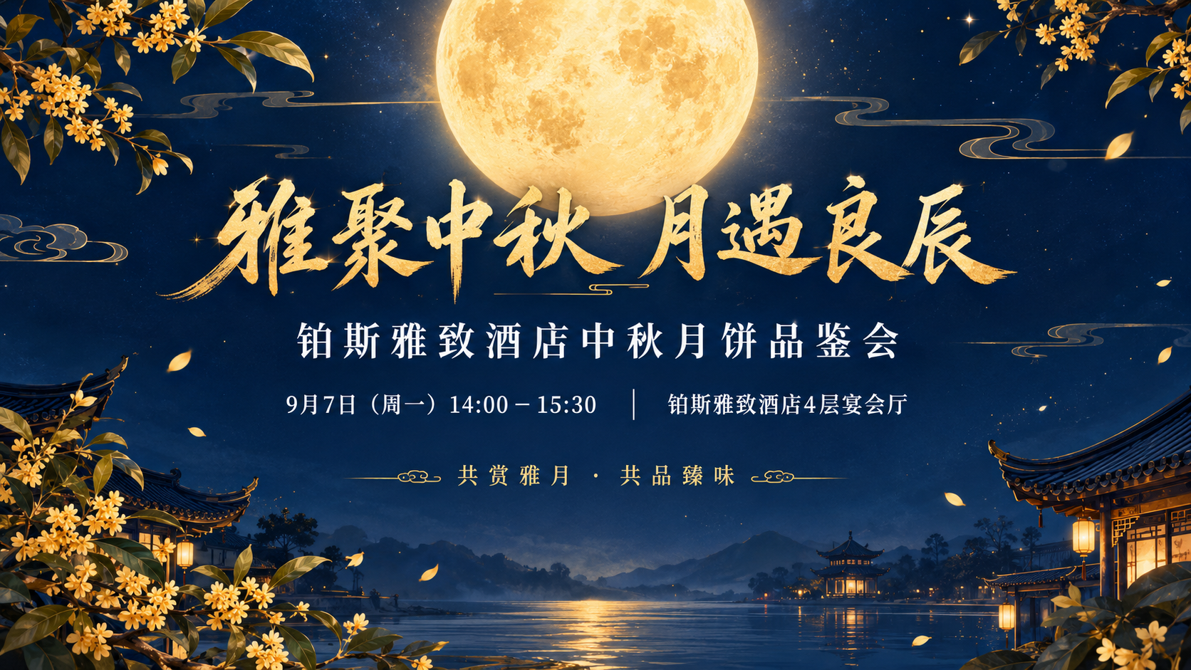 国风新中式中秋品鉴会主视觉海报，横版大屏展示。深邃藏蓝色夜空背… - 图片创意预览