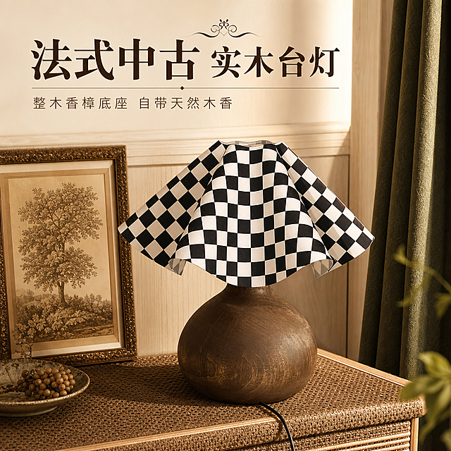 [第1屏] 详情页头图-实木法式中古风台灯氛围宣传图。本屏使用【图1】作为商品主体。
[氛围/风格] 复古法式中古风，温馨暖调家居氛围，商业摄影质感，自然高级氛围感。
[元素布局] 台灯放置在编织床头柜台面上，背景为浅木色护墙板，左侧点缀复古装饰画，右侧垂坠深绿色布艺窗帘；产品结构、材质、颜色与输入产品图完全一致，台灯主体占画面约70%。
[光影质感] 右侧暖光为主光源，左侧柔光补光，灯体下方投射自然柔和阴影，突出实木的温润质感和灯罩的立体褶皱。
[配色色系] 全局底色 #F5F0E6；主色为暖木棕+黑白棋盘格；辅助色为深绿、浅木色。
[视角构图] 45度斜侧视角，产品居中为视觉重心，阅读动线从上到下自然流畅。
[文字版式] 上标题区+下产品展示。主标题「法式中古 实木台灯」，副标题「整木香樟底座 自带天然木香」，主标题加粗深棕色字，副标题浅棕色小字，均顶对齐不遮挡产品主体。
[比例分辨率] 9:16 竖版比例，4K分辨率，文字清晰可辨，高清画质。
[负向提示词] 产品变形，缺件错件，颜色偏差，水印，文字错乱，产品图模糊，背景杂乱。