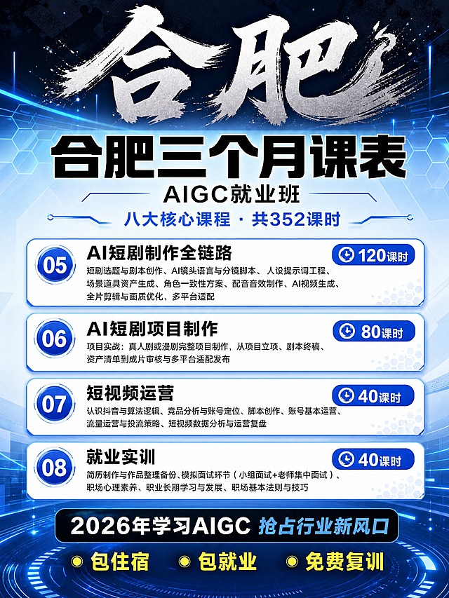 一张小红书3:4竖版课程表海报，蓝色科技风，AIGC就业班课表主题（第2张，展示后4门课程）。

【顶部】
- 巨大书法笔触大字"合肥"，墨色灰白，深色背景块，笔刷飞白效果
- 下方蓝色几何科技风背景渐变过渡

【标题区】
- 主标题："合肥三个月课表" 超大黑色粗体居中
- 副标题："AIGC就业班" 黑色常规字居中
- 小标题："八大核心课程 · 共352课时" 蓝色字居中

【课程列表区】展示后4门课程（5-8）
- 每门课程用圆角卡片承载，白底浅蓝边框，左侧蓝色编号圆标
- 课程5："05 AI短剧制作全链路" 120课时
  内容：短剧选题与剧本创作、AI镜头语言与分镜脚本、人设提示词工程、场景道具资产生成、角色一致性方案、配音音效制作、AI视频生成、全片剪辑与画质优化、多平台适配
- 课程6："06 AI短剧项目制作" 80课时
  内容：项目实战：真人剧或漫剧完整项目制作，从项目立项、剧本终稿、资产清单到成片审核与多平台适配发布
- 课程7："07 短视频运营" 40课时
  内容：认识抖音与算法逻辑、竞品分析与账号定位、脚本创作、账号基本运营、流量运营与投流策略、短视频数据分析与运营复盘
- 课程8："08 就业实训" 40课时
  内容：简历制作与作品整理备份、模拟面试环节（小组面试+老师集中面试）、职场心理素养、职业长期学习与发展、职场基本法则与技巧

【底部】
- 黑色圆角框："2026年学习AIGC 抢占行业新风口"
- 黄色圆点三卖点：包住宿、包就业、免费复训

【风格】蓝色几何科技风，六边形、发光线条、科技粒子，版式精美清晰，所有内容完整填充，无空白占位。画面中所有数字必须精确渲染。