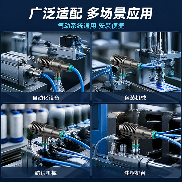 [第3张] 场景适配-ASV快排节流阀气动系统应用场景四宫格。本张使用【图1】作为商品主体。
[氛围/风格] 深蓝工业科技风，真实工业场景感，冷调专业氛围。
[元素布局] 画面为2×2四宫格布局，每格展示一个应用场景中的ASV快排节流阀（均与输入产品图外观一致）：左上「自动化设备」场景-阀体安装在银色气动回路中，周围有气缸与电磁阀；右上「包装机械」场景-阀体在包装生产线气动装置上；左下「纺织机械」场景-阀体在纺织设备气路中；右下「注塑机台」场景-阀体在注塑机气动系统旁。每格背景为对应工业设备局部，虚化处理突出阀体。**保持每款ASV快排节流阀外观与输入产品图绝对一致，气管真实插入绿色快插接口，连接关系合理；禁止出现任何品牌Logo**。
[光影质感] 冷调工业环境光，每格主光方向统一，金属表面有清晰高光，整体真实专业。
[配色色系] 全局底色 #0A1A3A 深蓝；主色深蓝灰工业色；辅助色金属银、科技蓝、阀体黑、接口绿。
[视角构图] 四宫格等分布局，每格内阀体为视觉焦点，阅读动线自上而下从左到右。
[文字版式] 顶部居中主标题「广泛适配 多场景应用」白色粗体大号；副标题「气动系统通用 安装便捷」冷蓝色中号。四宫格每格底部有半透明深蓝条+白字标签：「自动化设备」「包装机械」「纺织机械」「注塑机台」。
[比例分辨率] 3:4 竖版比例，4K 分辨率，文字清晰可辨。
[负向提示词] 变形，水印，文字错乱，产品图模糊，背景杂乱，品牌Logo，多余手指，畸形手，人物面部。