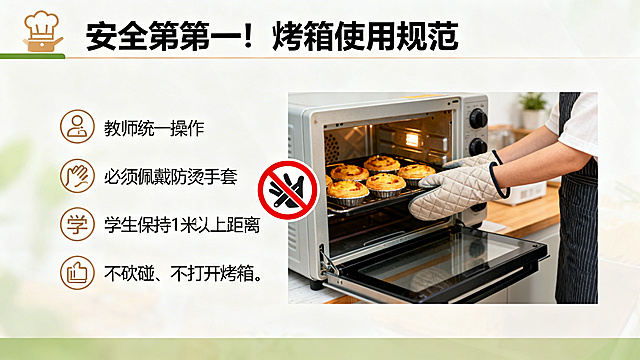 PPT烤箱安全规范页，顶部标题"安全第一！烤箱使用规范"，左侧用图标加文字列出规范：教师统一操作；必须佩戴防烫手套；学生保持1米以上距离；不触碰、不打开烤箱。右侧放置教师戴防烫手套放作品进烤箱的实拍图，添加禁止触碰图标，整体排版左文右图，重点突出安全提示，适合教学课件