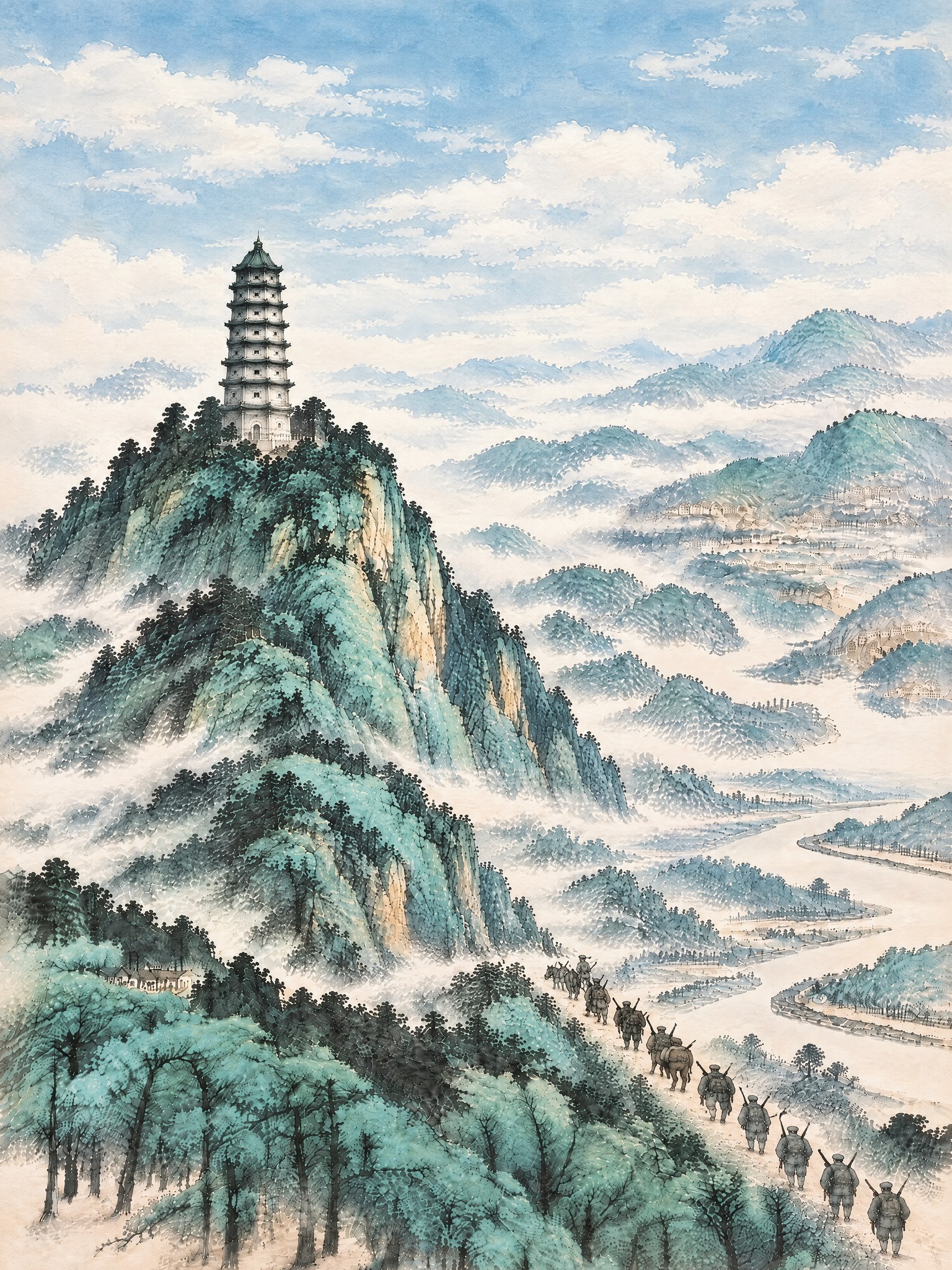 保持当前中国水墨山水画风格、青绿设色不变。将宝塔山向左移动约画… - 图片创意预览