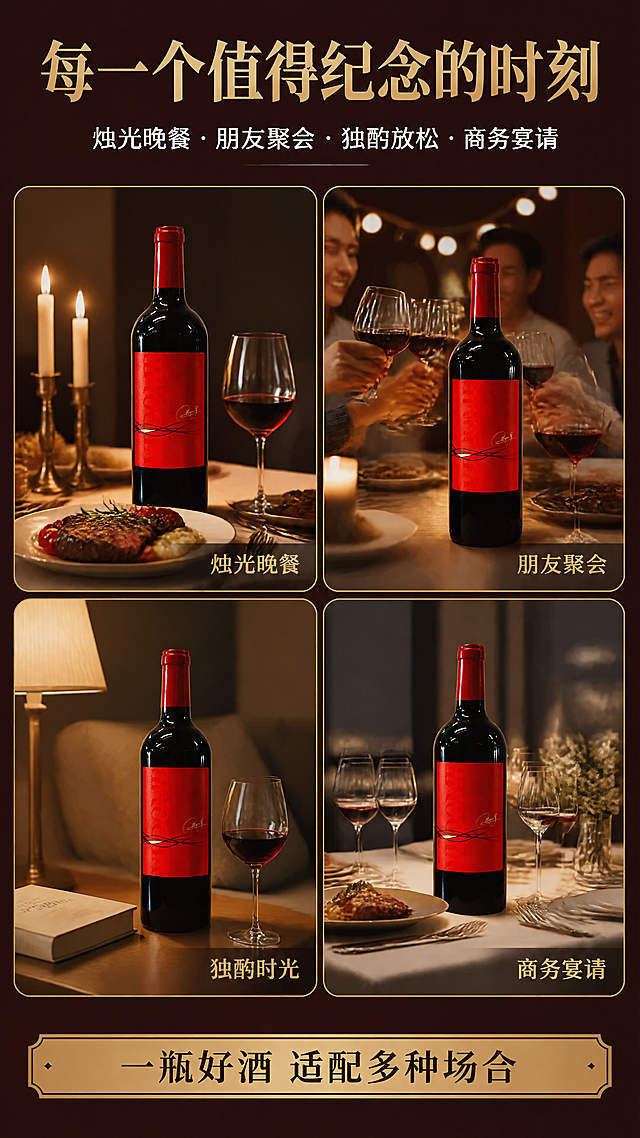 [第5张] 详情页场景种草-红酒多场景拼图展示。本张使用【图1】酒瓶融入各场景。
[氛围/风格] 生活方式场景拼图，温馨浪漫+商务宴请+独酌放松多氛围切换，写实摄影质感。
[元素布局] 画面采用2x2圆角卡片式拼图布局，共四个场景：左上「烛光晚餐」- 餐桌两支蜡烛+牛排+红酒瓶+酒杯，暖黄烛光；右上「朋友聚会」- 多人举杯场景虚化，前景红酒瓶清晰；左下「独酌时光」- 沙发旁边几+一本书+一杯红酒，暖光台灯；右下「商务宴请」- 精致餐桌布置+红酒瓶。每个场景中的红酒瓶均保持红色酒标、红色封帽、黑色瓶身与输入图一致。卡片间有金色细边框分隔。
[光影质感] 每个场景独立光影：左上暖烛光、右上派对暖光、左下台灯暖光、右下餐厅冷调光，整体统一暖调为主。
[配色色系] 全局底色 #2B0808 深酒红；主色酒红+金色卡片边框；辅助色各场景暖色调。
[视角构图] 四宫格竖拼构图，阅读动线顶部标题 → 四格场景 → 底部总结语。
[文字版式] 顶部主标题「每一个值得纪念的时刻」，金色衬线粗体；副标题「烛光晚餐 · 朋友聚会 · 独酌放松 · 商务宴请」，白色小字；每个场景卡片右下角有金色小字场景标签；底部金色横条总结「一瓶好酒 适配多种场合」。文字清晰可读，不遮挡各场景中的酒瓶。
[比例分辨率] 9:16 竖版比例，4K 分辨率，文字清晰可辨，高清画质。
[负向提示词] 瓶身变形，颜色偏差，水印，文字错乱，场景不真实，产品图模糊。