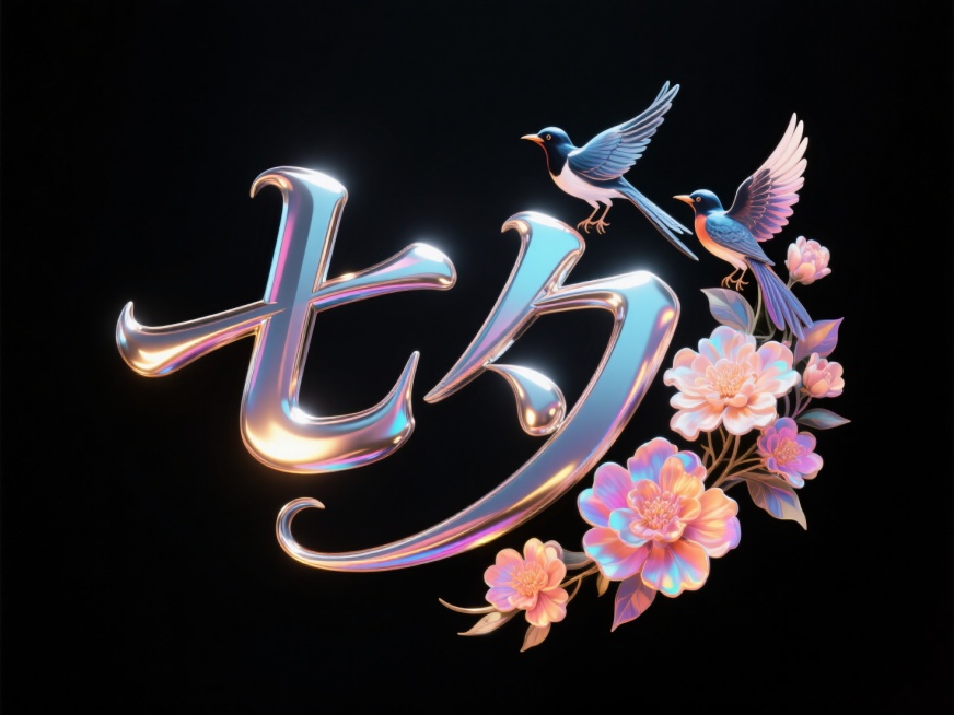 酸性材质金属艺术字"七夕"。创意字体设计点缀两只喜鹊、花朵元素，线条流畅，高级感，黑色背景。预览效果