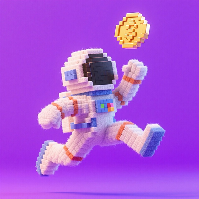 一个宇航员跳起来顶金币（姿势参考超级玛丽），纯紫色背景