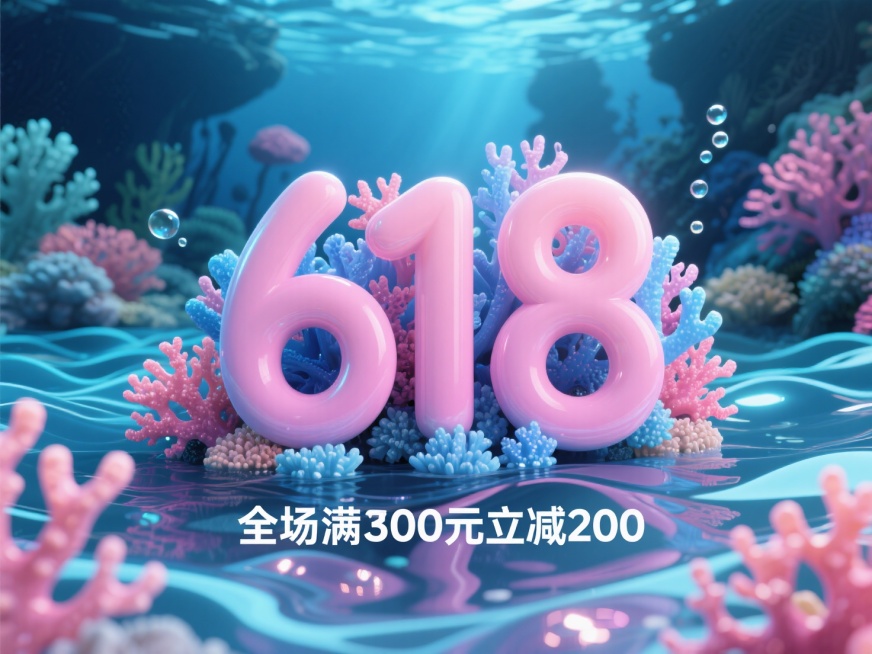 文案“618”，副标题 “全场满300元立减200”，珊瑚材质3D立体特效字，粉珊瑚与蓝珊瑚堆叠的立体字，光滑圆润的珊瑚材质笔画，质感强烈，背景是海底热泉生态群，波浪形立体反光，生物荧光质感，水波折射预览效果