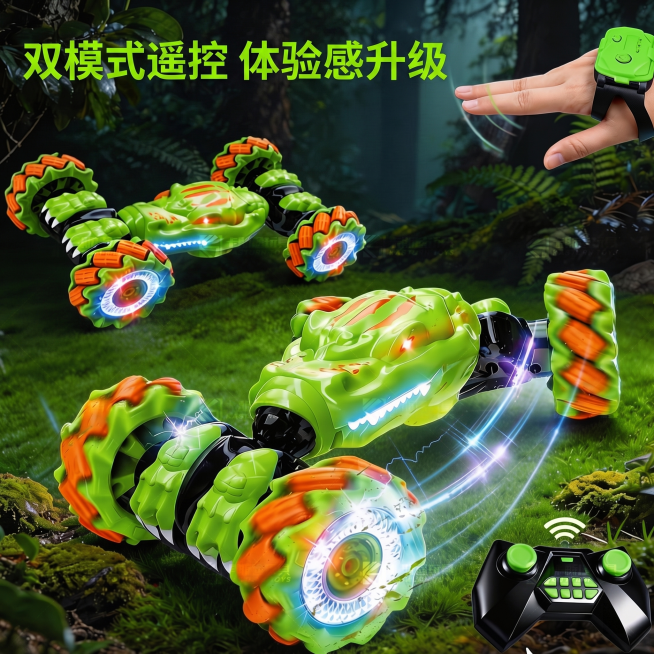 将图中所有英文替换为中文翻译，去除所有卡斯途玩具水印，保留商品和原有构图：顶部文字替换为'双模式遥控 体验感升级'预览效果