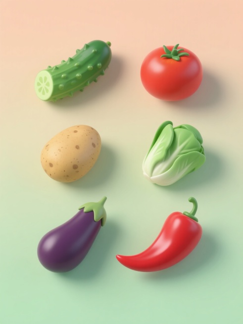 软3D风格的蔬菜系列集合，纯色背景，画面整体色彩变换，规整排布六个完全不同元素内容，包括翠绿带刺的黄瓜、鲜红圆润的西红柿、嫩绿新鲜的小白菜、土黄椭圆的土豆、深紫细长的茄子、鲜红尖长的辣椒，每个蔬菜都有柔和的光影和立体质感，保持元素类目一致，整体设计简洁明快。预览效果