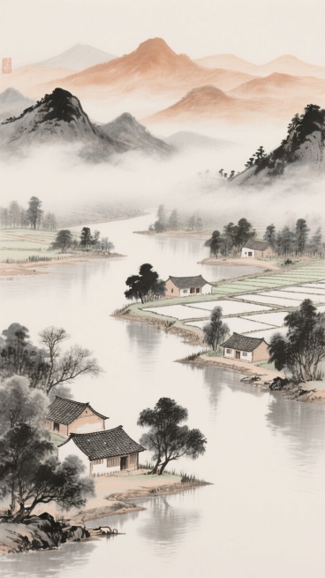 中国传统水墨画风格的山水背景素材，以淡雅的赭石色和墨色为主色调，远山采用淡墨渲染，层次分明，云雾缭绕其间，近景处有几间古朴的瓦房错落有致地分布在河岸旁，周围点缀着茂密的树木和整齐的水田，水面平静如镜，整体画面干净空灵，留白恰到好处，展现出宁静悠远的田园山水意境，笔触细腻流畅，具有浓厚的古典韵味和东方美学特质。预览效果