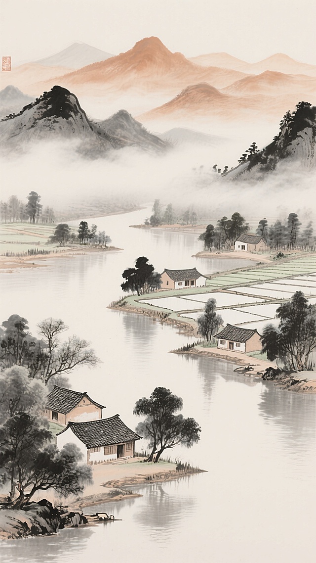 中国传统水墨画风格的山水背景素材，以淡雅的赭石色和墨色为主色调，远山采用淡墨渲染，层次分明，云雾缭绕其间，近景处有几间古朴的瓦房错落有致地分布在河岸旁，周围点缀着茂密的树木和整齐的水田，水面平静如镜，整体画面干净空灵，留白恰到好处，展现出宁静悠远的田园山水意境，笔触细腻流畅，具有浓厚的古典韵味和东方美学特质。