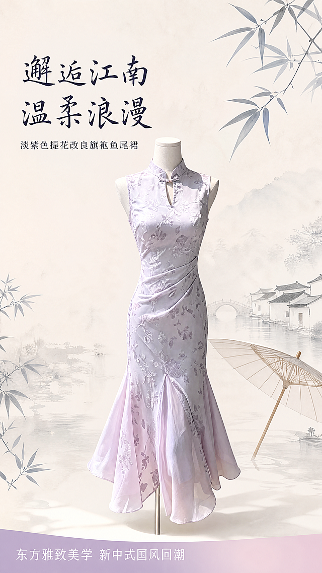 淡紫色提花改良旗袍鱼尾连衣裙 商品详情页
设计师解说
邂逅江南烟雨里的温柔浪漫，设计师将传统旗袍美学与现代剪裁完美融合，保留东方女性温婉韵味的同时，融入更符合当下审美的修身鱼尾设计。淡紫提花轻盈透气，勾勒玲珑曲线却不紧绷，让你在日常出行、约会聚会中都能自带优雅氛围感，演绎不张扬的东方雅致美学。
基本信息
领口设计
改良立领镂空设计：保留传统旗袍立领的端庄典雅，巧妙加入小镂空元素，微微露出精致锁骨，修饰颈部线条，增添一丝小性感，告别沉闷感，更显灵动气质。
腰部设计
褶皱收腰设计：精心褶皱处理，巧妙修饰腰腹赘肉，贴合身体曲线，打造高腰线，优化身材比例，让腰看起来更纤细，勾勒S型好身材。
潮流解说
新中式国风回潮，改良旗袍成为当下热门穿搭选择，鱼尾裙摆设计增添浪漫氛围感，淡紫色调温柔治愈，提花面料提升质感，适配多种场合，是国风爱好者必入的气质款连衣裙。
人工测量
尺码
胸围
腰围
臀围
裙长
S
84cm
66cm
88cm
110cm
M
88cm
70cm
92cm
111cm
L
92cm
74cm
96cm
112cm
XL
96cm
78cm
100cm
113cm
人工手工测量，存在1-3cm误差，属于正常范围，请以实际实物为准
推荐尺寸
体重范围
推荐尺码
90斤以下
S
90-105斤
M
105-120斤
L
120-135斤
XL
以上推荐仅供参考，如果您偏好修身效果可选择小一码，偏爱宽松舒适可选择大一码
面料成分
面料名称：提花雪纺
成分含量：聚酯纤维95%，氨纶5%
面料特性：面料轻盈飘逸，带有立体提花肌理，透气性好，垂坠感佳，贴肤穿着舒适不闷热，不易起皱，方便打理。
产品指数
指标
评级
说明
版型
⭐⭐⭐⭐⭐
修身鱼尾版型，修饰身材
弹性
⭐⭐⭐⭐
微弹，舒适贴合
厚度
⭐⭐⭐
适中，适合春夏季
透明度
⭐⭐⭐
微透，建议搭配浅色内衣
软硬度
⭐⭐⭐⭐⭐
柔软亲肤
模特展示
整体正面展示：模特站立，展示连衣裙整体版型与淡紫色提花全貌，呈现整体穿搭效果
领口细节展示：近距离拍摄改良立领镂空设计，展示盘扣细节与领口剪裁
腰部褶皱展示：特写腰部褶皱收腰设计，展示收腰效果与曲线勾勒
裙摆细节展示：模特走动姿态，展示鱼尾裙摆飘逸感与剪裁设计
全身侧身展示：侧身拍摄，展示连衣裙修身效果与身体曲线勾勒
面料细节展示：特写提花面料，展示面料纹理与质感「图片1」