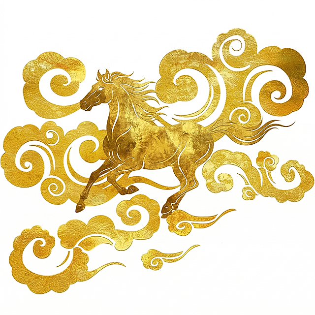 在原有的金色祥云图案基础上，添加一匹奔腾的骏马，马匹行走在金色祥云之中，保持烫金质感，中国传统祥云纹样风格，保留原有的金色祥云纹理和整体构图