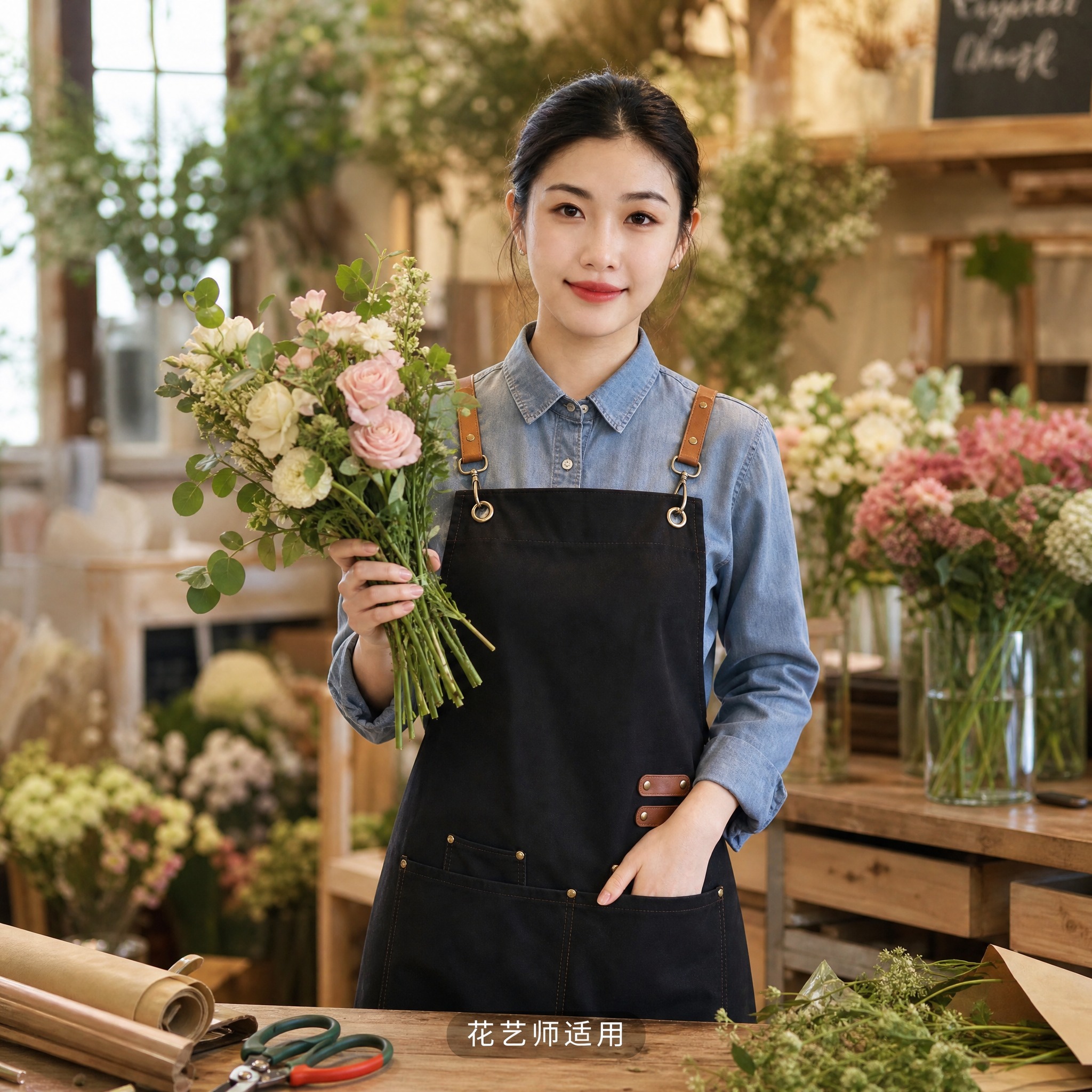 [主图-4] 黑色帆布工装围裙花艺工作室真实使用场景，展示多场… - 图片创意预览