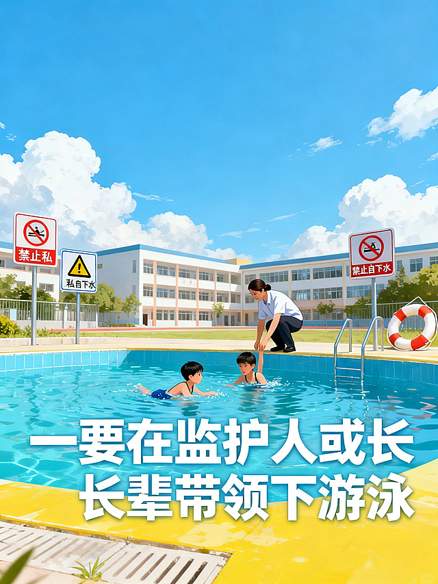 校园防溺水宣传海报，风格清新醒目，适合校园宣传栏展示，画面下方加统一字体字号的提示文字：“一要在监护人或长辈带领下游泳”，文字不遮挡画面主体