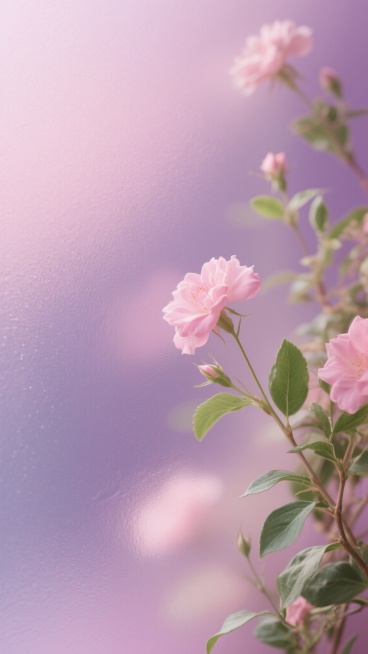 粉紫色渐变背景，柔和的粉色花朵与绿色叶子的自然元素，采用磨砂玻璃质感纹理，整体画面呈现出朦胧、梦幻、柔和的氛围，色彩过渡自然，光影柔和，植物元素分布在画面一侧，具有淡雅的装饰性。预览效果