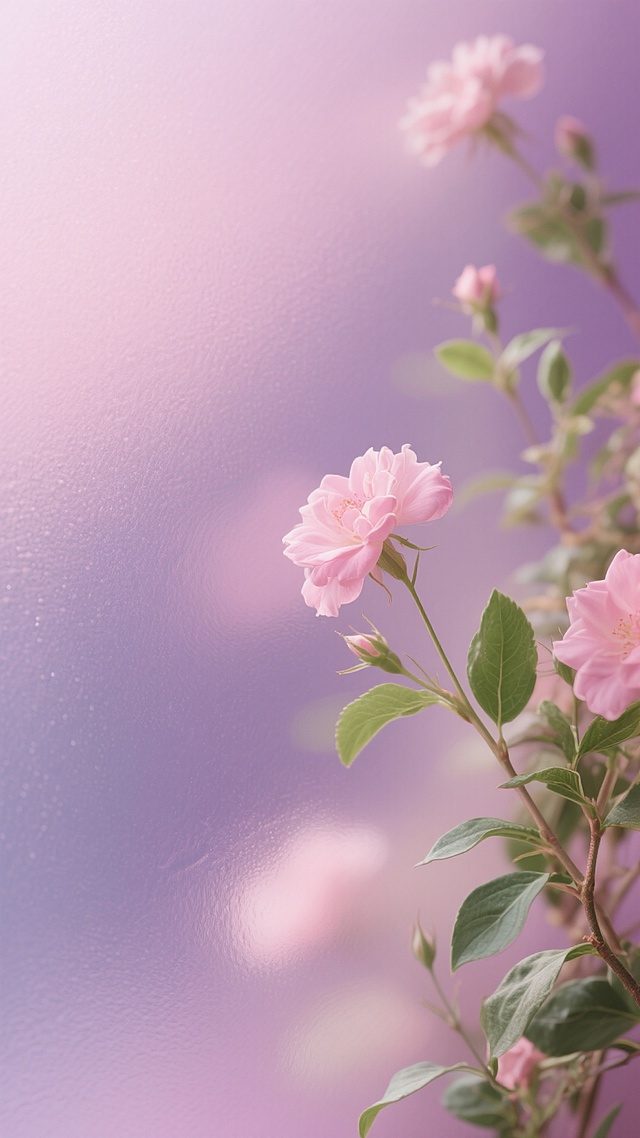 粉紫色渐变背景，柔和的粉色花朵与绿色叶子的自然元素，采用磨砂玻璃质感纹理，整体画面呈现出朦胧、梦幻、柔和的氛围，色彩过渡自然，光影柔和，植物元素分布在画面一侧，具有淡雅的装饰性。