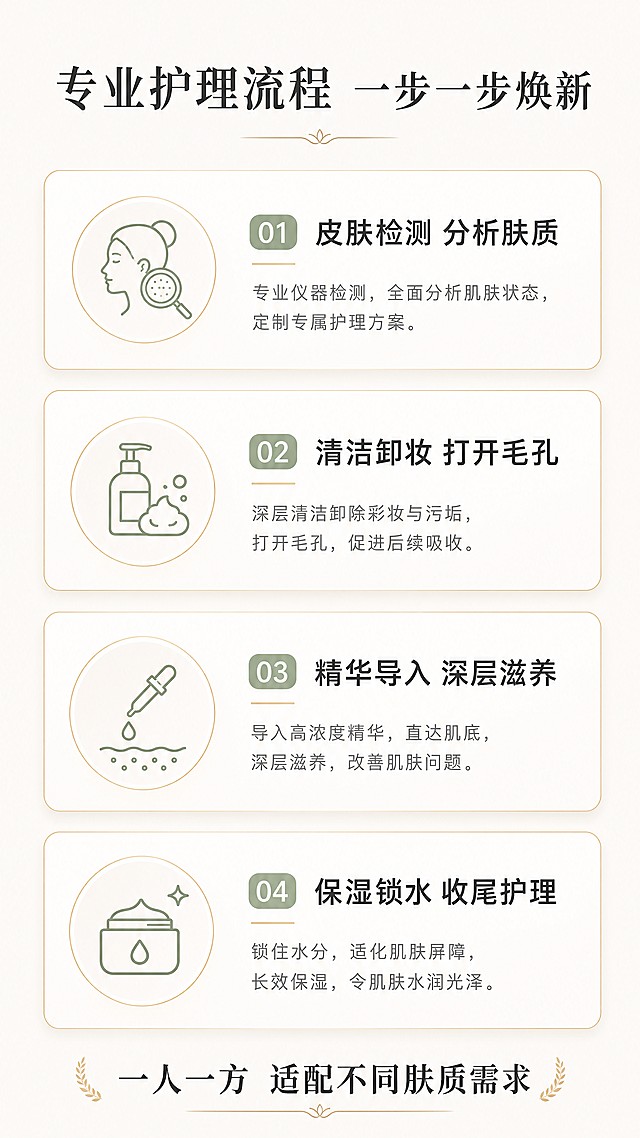 [第4屏] 美容院团购详情页专业项目介绍屏，拆解团购护理项目流程。[氛围/风格] 专业清晰，干净简约，高级柔和，突出流程步骤和专业优势。[元素布局] 画面顶部放主标题"专业护理流程 一步一步焕新"，中部从上到下分四个步骤卡片，依次是：1."皮肤检测 分析肤质"，2."清洁卸妆 打开毛孔"，3."精华导入 深层滋养"，4."保湿锁水 收尾护理"，每个步骤配对应简约图标和简短说明文字，底部放总结卖点"一人一方 适配不同肤质需求"。每个步骤卡片均匀分布，占比一致，整体留白充足。[光影质感] 每个卡片柔和投影，整体均匀打光，文字和图标都清晰可见，没有过暗区域，质感干净高级。[配色色系] 全局底色：#f8f5f2（浅米暖白）；主体配色：#d4af8a（浅金卡片边框）+#8a9d84（莫兰迪绿图标）；文字：深灰色#333333。[视角构图] 纵向流式排版，从上到下依次展示步骤，中心对齐，每个模块左右留白一致，符合移动端竖屏阅读。[文字版式] 顶部大标题，每个步骤卡片内标题加粗，说明文字小号，字体统一，行间距适中，移动端清晰可读，不挤不靠。[比例分辨率] 宽高比9:16，4K分辨率，文字清晰可辨，超高清。[负向提示词] 图标变形，文字错乱，步骤混乱，颜色刺眼，水印，变形，结构错误。
