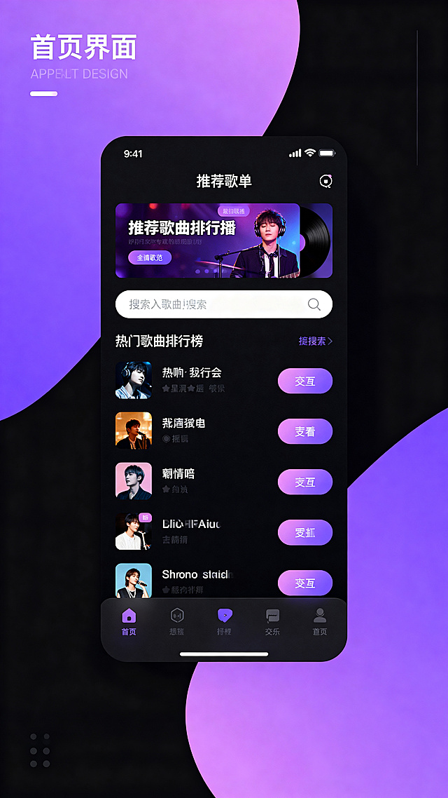 现代简约风格音乐类app首页界面设计，采用黑紫分色渐变主题，界面包含推荐歌单轮播、热门歌曲排行榜、搜索栏、底部导航栏，UI设计清晰规范，符合移动端交互习惯