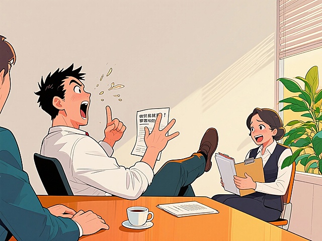 跷着二郎腿的大背头男人，唾沫星子横飞地拍着桌子，一手攥着合同一手比画着夸张的手势，嘴里喊着 “做贸易就是要靠吹的”；对面的客户皱着眉往后躲，桌上的茶杯晃得叮当响，秘书捧着文件夹憋笑憋得肩膀直抖，连窗台上的绿植都被他的大嗓门震得晃了晃。