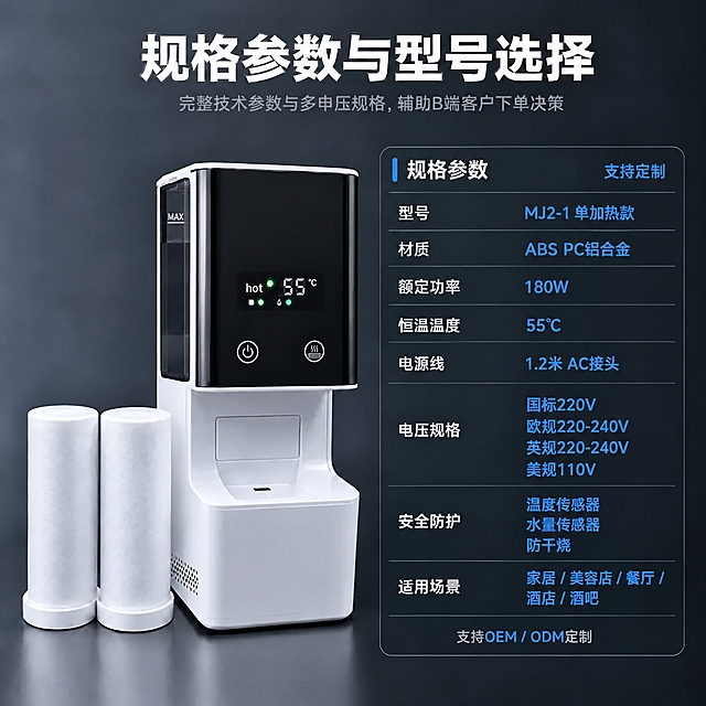 修改毛巾机产品的左侧面，将当前的蓝色水位显示窗口改为：黑色透明水箱窗口（印有MAX字样），侧面下方保留散热格栅，整体结构参考提供的右侧面实拍图。保留原图的所有文字参数表格、深灰色背景、产品正面显示屏和按钮、两卷毛巾、出巾口等所有其他元素不变，只修改左侧面结构为黑色透明水箱窗口样式。商业产品摄影风格，高清精致。
