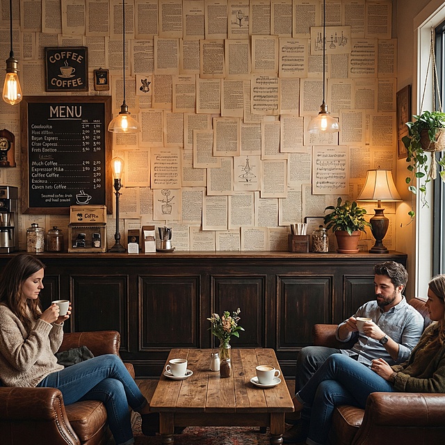 生成一张运用图中纸张装饰复古美式咖啡厅墙面 单张铺满墙面