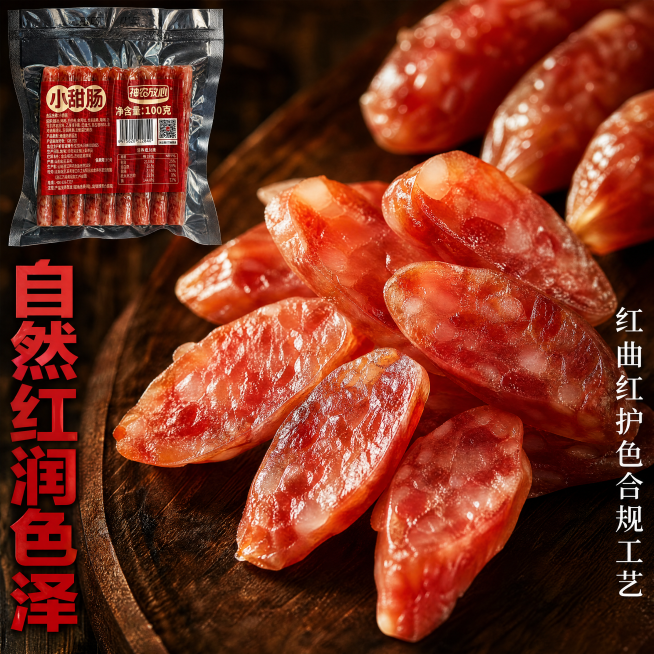 [主图3] 小甜肠切面微距特写，食欲风，超高清摄影。左上角放完整包装保持外观与原图一致，主体放斜切小甜肠，展示红润肉质油脂，占比70%。侧暖逆光突出纹理通透，红润肉+深木背景。左侧竖排大字自然红润色泽预览效果