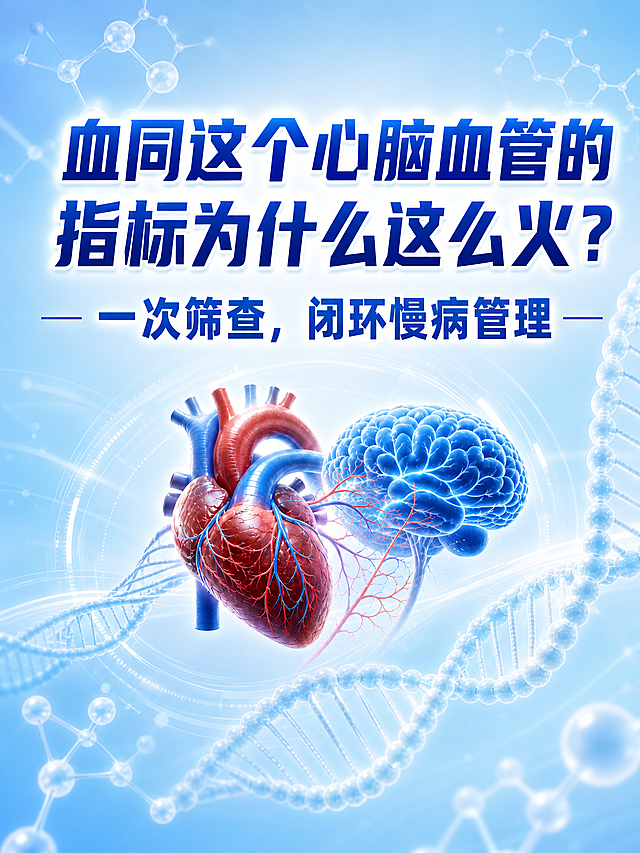 基于参考图修改医疗健康科普宣传海报。1. 副标题"一次筛查，闭环慢病管理"字号放大，更加醒目突出，与主标题的视觉比例更协调；2. 背景整体颜色调浅，使用更明亮的浅蓝色渐变，减少深蓝色比重，整体更通透清爽；3. 主标题"血同这个心脑血管的指标为什么这么火？"更加突出，增加视觉权重，可适当增加字重或轻微发光效果；4. 保持心脑血管、DNA双螺旋等医学视觉元素，但适当弱化背景元素的饱和度和对比度，让标题文字成为绝对视觉焦点；5. 整体画面明亮通透，医疗专业感强，版式精美，层次分明。超高清画质，2K分辨率。