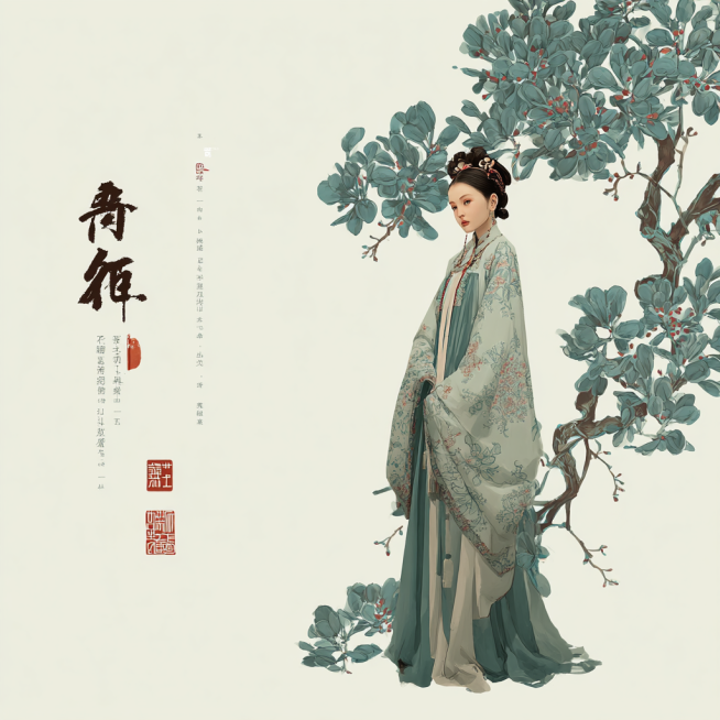 我需要一张ppt的背景图，主题是“纸语纱衣，著身若云”是关于桑麻纤维来做纸衣的内容，我的背景图需要体现出桑树与服饰两大元素，要包含一些艺术气息，古风特色，画面不要太素预览效果