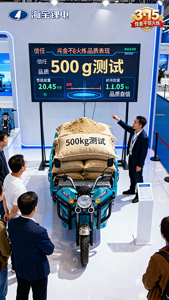 海宝锂电展示区内，一辆三轮车满载着标有“500kg测试”的沙袋，正在进行承重展示。旁边立着电子显示屏，实时显示各项性能数据。几位消费者正在围观，销售人员指着屏幕讲解电池的卓越表现。以装满货物的车辆为中心，突出满载的视觉冲击，屏幕数据清晰可见，消费者专注聆听。搭配信任蓝、品质金、纯净白色调，通透明亮布光，适当加入3.15标识，体现真金不怕火炼的品质自信。